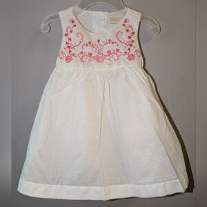 🩷 Gymboree White Swiss Dot Baby Dress 3-6 W Pink Floral Embroidery Cut Out Back